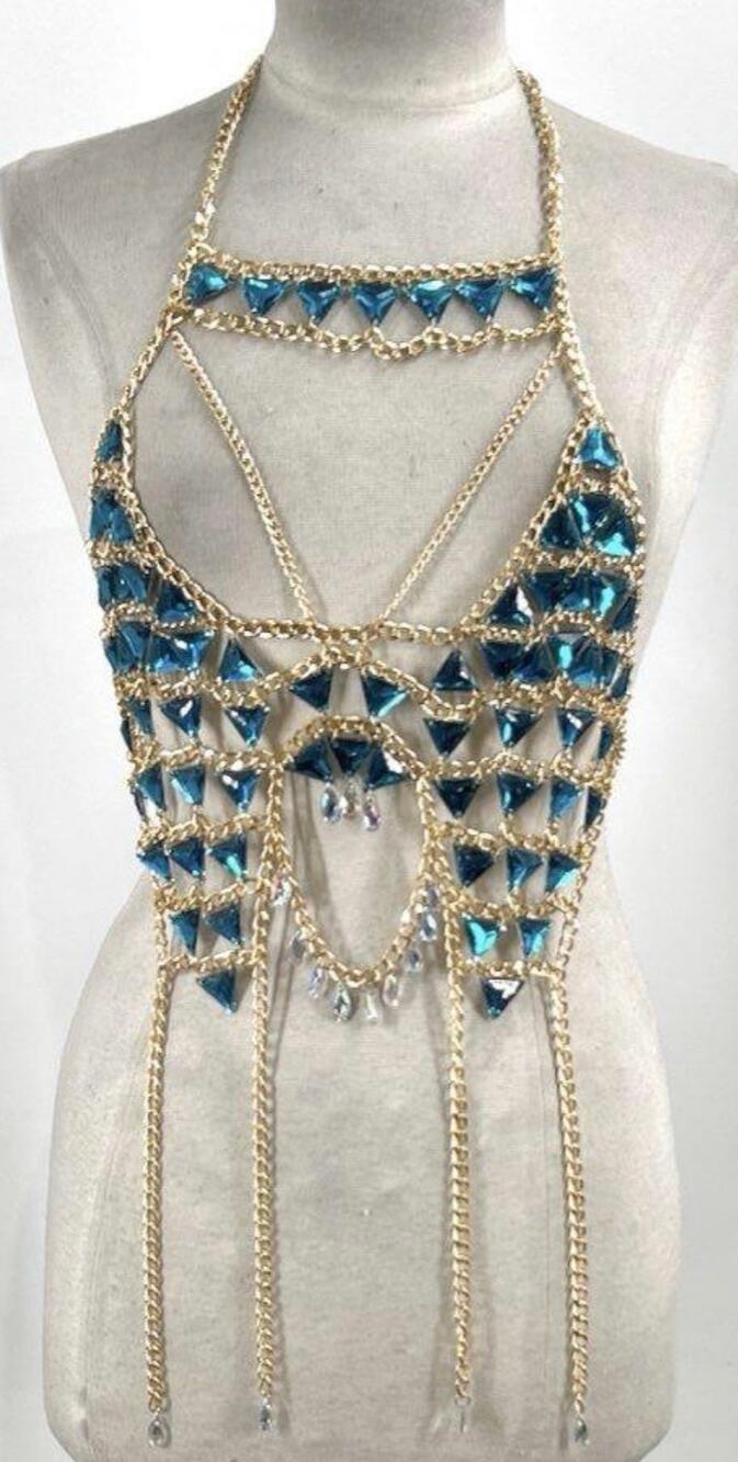 Rhinestone body chain bra, statement accessory bikini harness top body jewelry